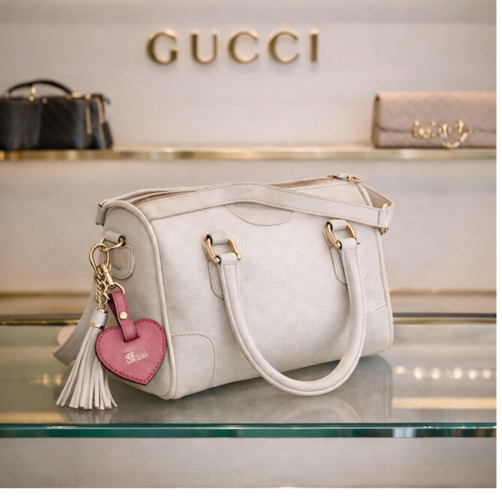 AUTHENTIC GUCCI BOSTON SATCHEL EGGSHELL GG MONOGRAM GUCCI HEART TASSEL